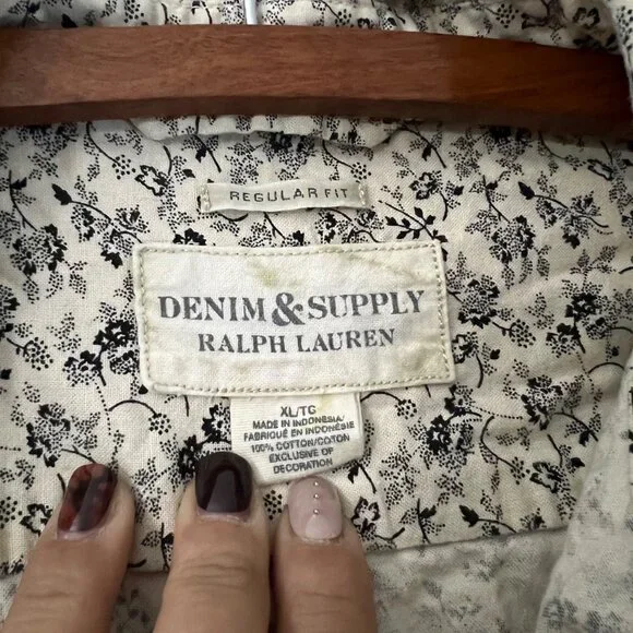 Denim Supply Ralph Lauren Mens Cream Black Floral Long Sleeve Button Shirt XL - Picture 5 of 5